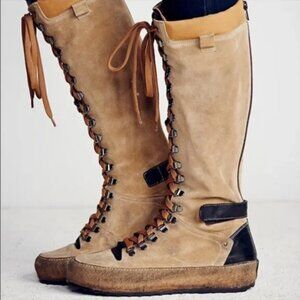 Free People Rugged First Light Tall Hiker Lace Up Boots Knee Tan Grunge HTF Boho